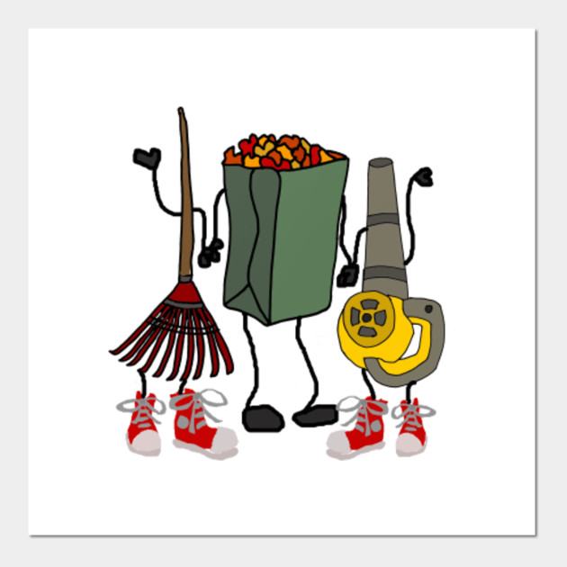 Funny Leaf Blowing Yard work Cartoon - Leaves - Posters and Art Prints